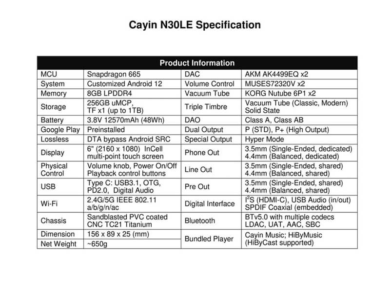 Máy nghe nhạc Cayin N30 LE thông số kỹ thuật