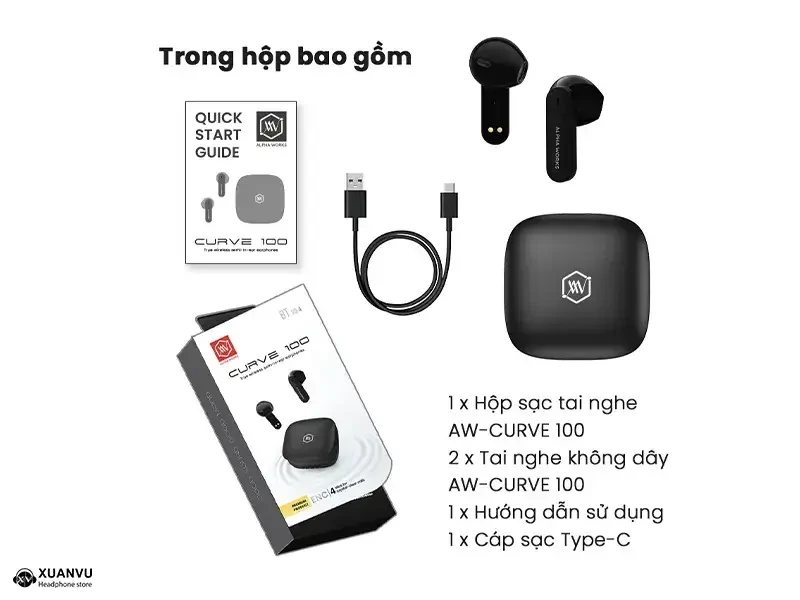 Tai nghe True Wireless Alpha Works Curve 100 phụ kiện