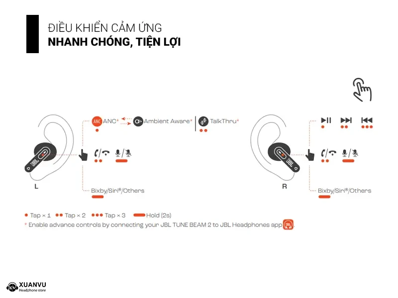 Tai nghe True Wireless JBL Tune Beam 2 Ghost điều khiển cảm ứng