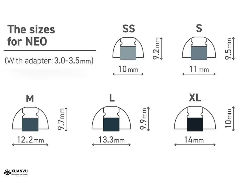 Eartip SpinFit NEO (kèm Adapter) kích thước