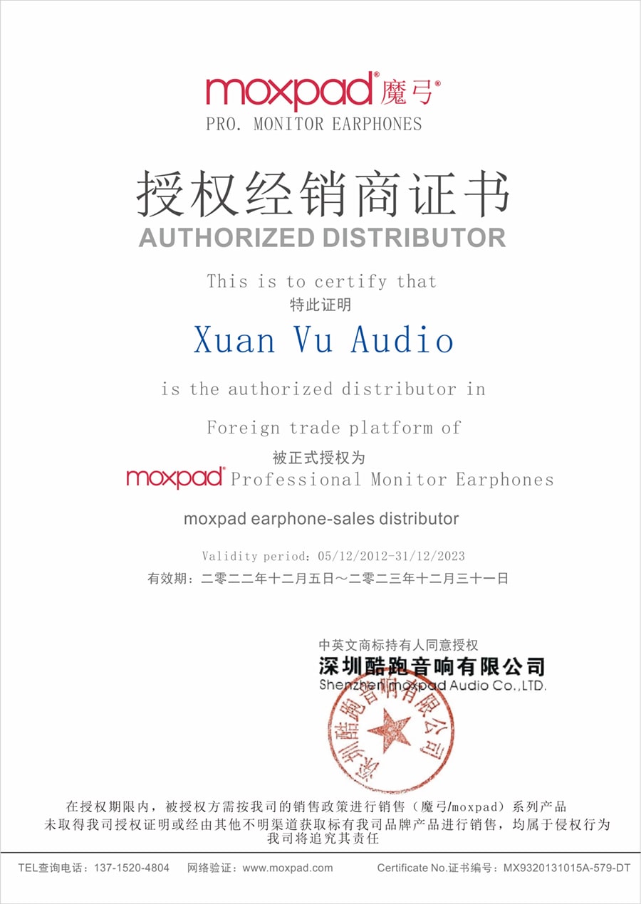 Xuân Vũ Audio - nhà phân phối ủy quyền Moxpad tại Việt Nam giấy chứng nhận