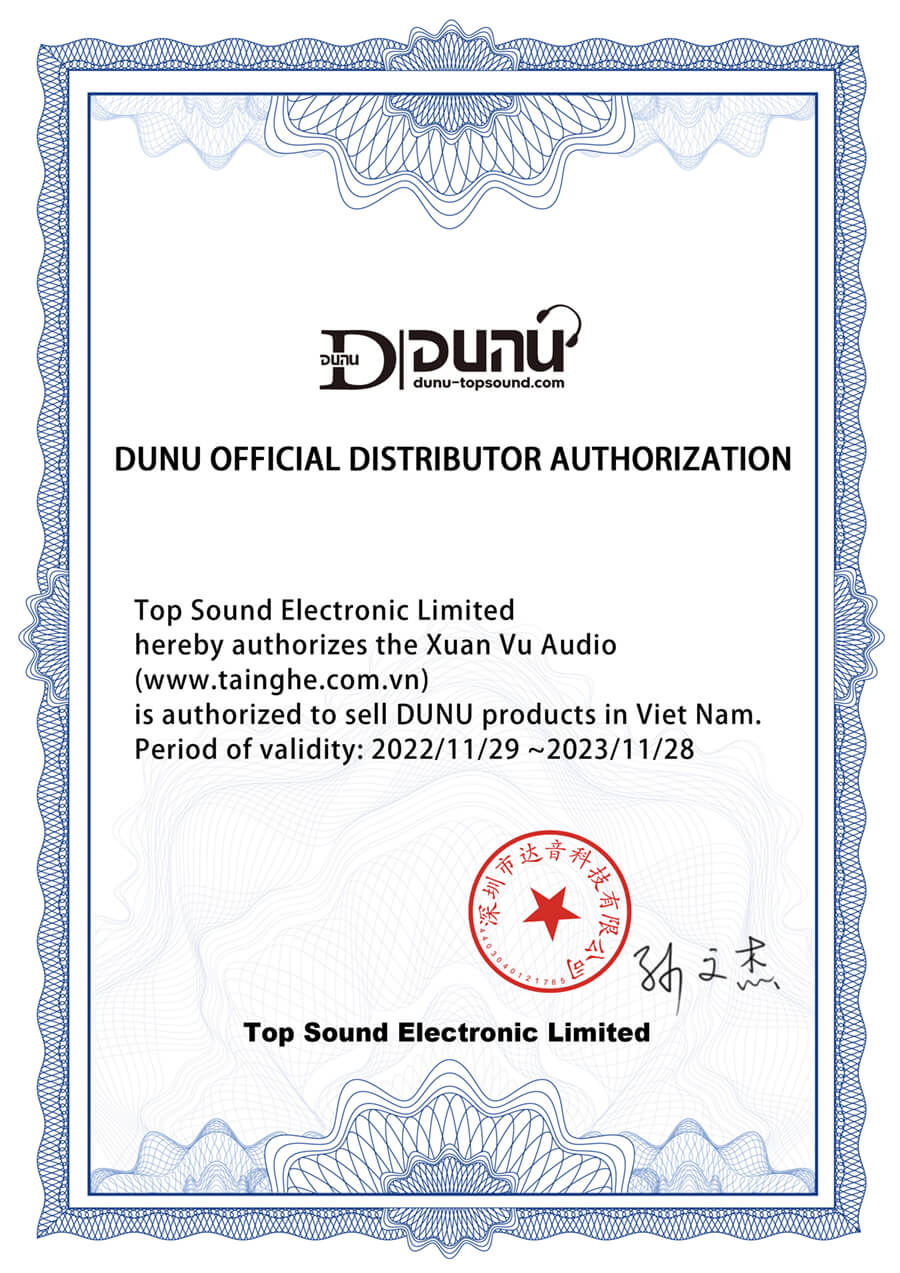 Xuân Vũ Audio chính thức trở thành nhà phân phối thương hiệu Dunu giấy chứng nhận