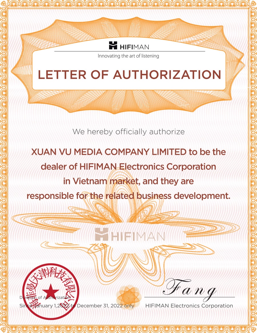 HiFiMan công bố Xuân Vũ Audio là nhà phân phối chính thức tại Việt Nam giấy chứng nhận